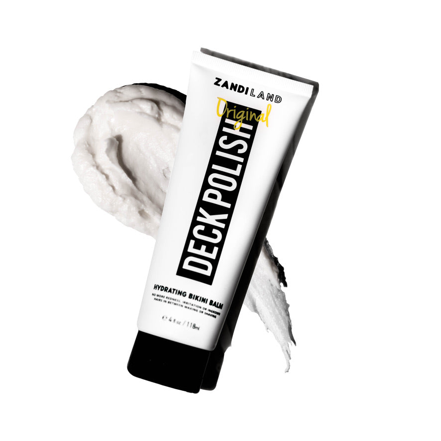 Tube of Zandiland Deck Polish hydrating bikini balm with white cream smear.