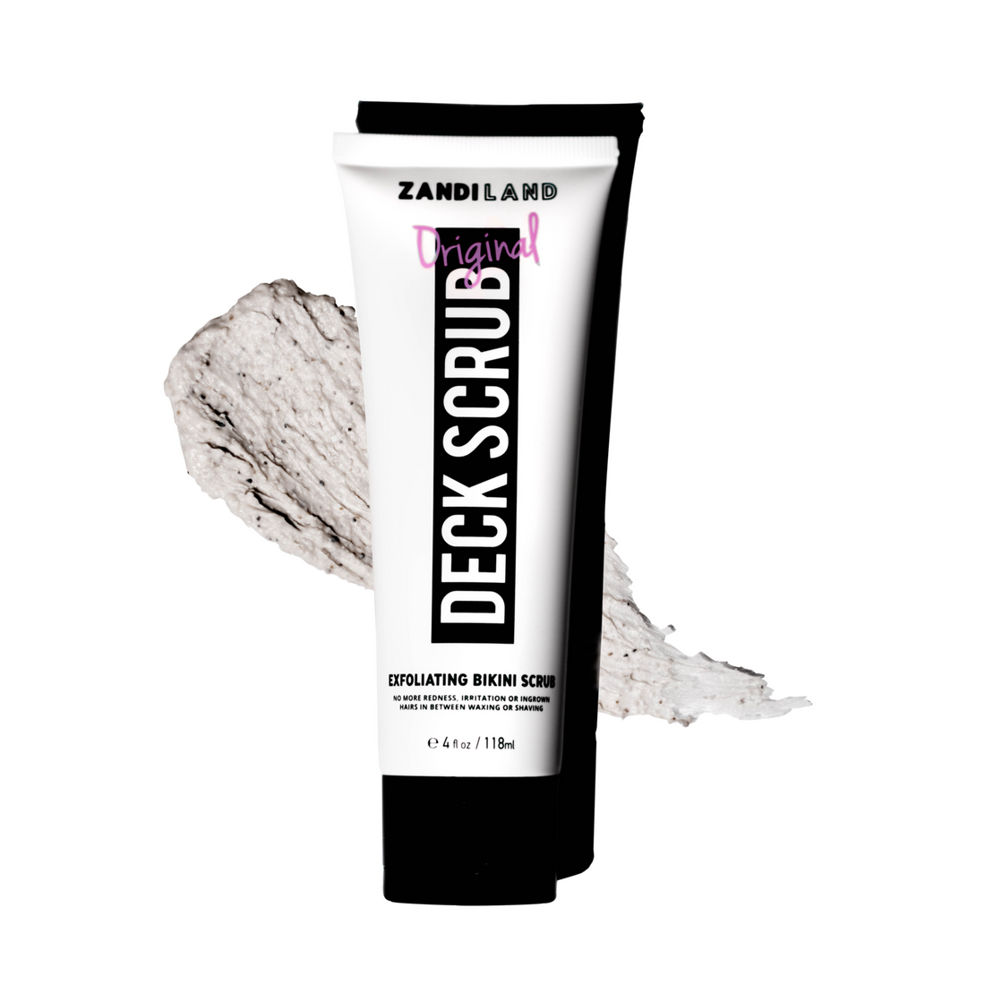 Tube of Zandiland Deck Scrub with exfoliating scrub smear in the background.